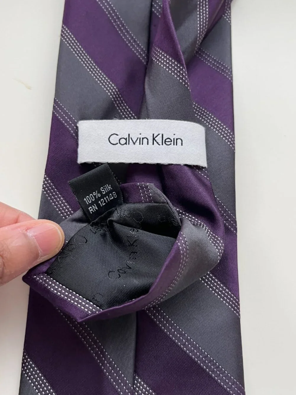 Calvin Klein Purple Grey Striped Silk Tie preppy collegiate classic vintage